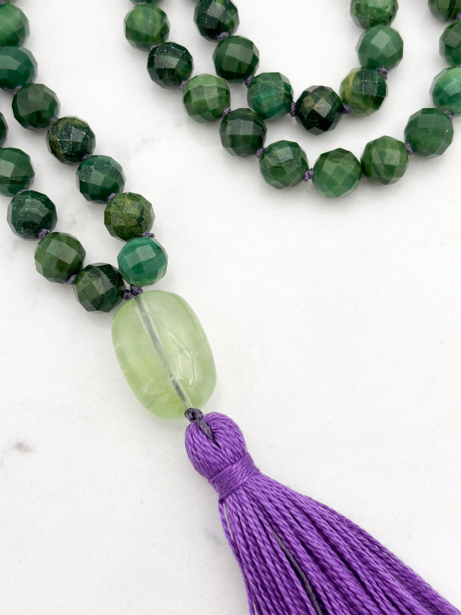 AfricanJade gemstone mala with fluorite guru bead and purple tassel | radiant malas | handmade in boulder, colorado