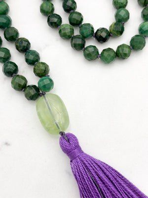 AfricanJade gemstone mala with fluorite guru bead and purple tassel | radiant malas | handmade in boulder, colorado