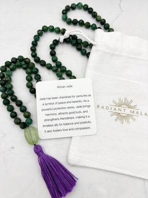 AfricanJade gemstone mala with fluorite guru bead and purple tassel | radiant malas | handmade in boulder, colorado