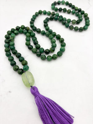 AfricanJade gemstone mala with fluorite guru bead and purple tassel | radiant malas | handmade in boulder, colorado