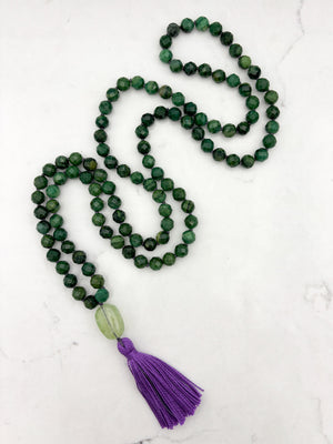 AfricanJade gemstone mala with fluorite guru bead and purple tassel | radiant malas | handmade in boulder, colorado