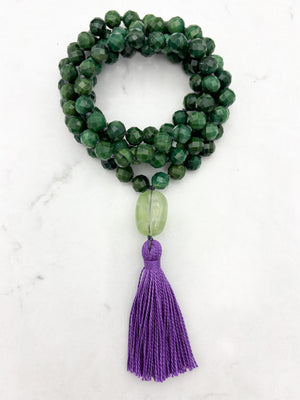 AfricanJade gemstone mala with fluorite guru bead and purple tassel | radiant malas | handmade in boulder, colorado