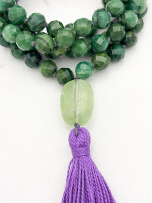 AfricanJade gemstone mala with fluorite guru bead and purple tassel | radiant malas | handmade in boulder, colorado