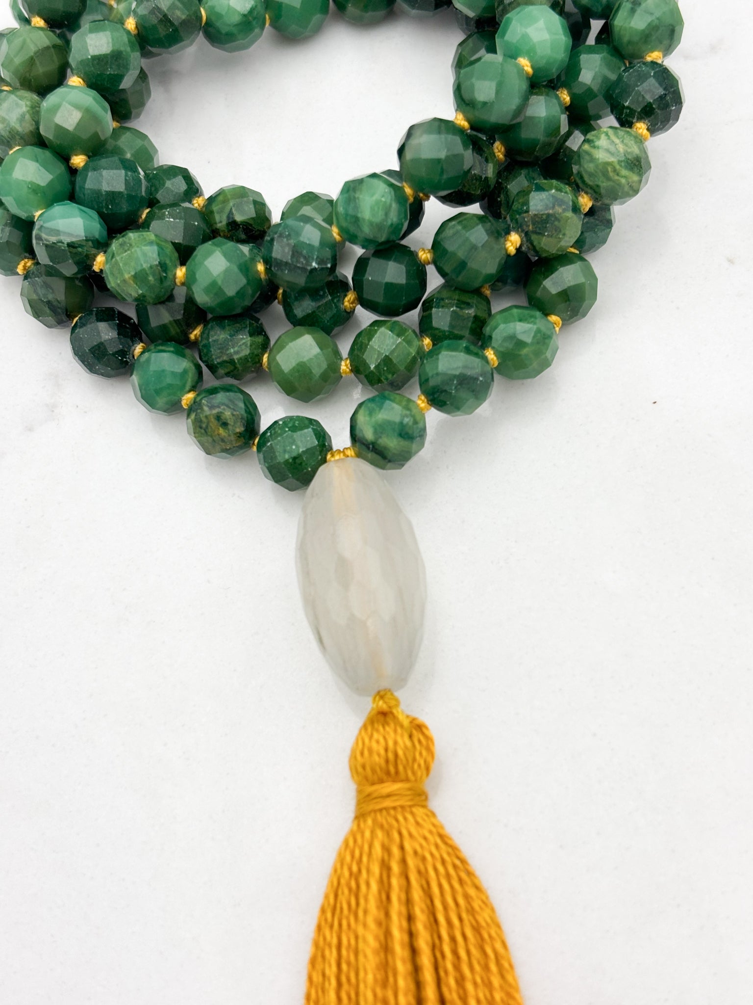 jade gemstone mala necklace  with faceted quartz guru bead and yellow tassel | radiant malas | handmade in boulder, colorado