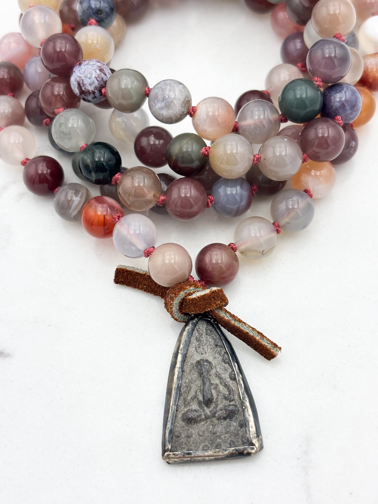 african phantom agate gemstone mala with Buddhist amulet pendant | radiant malas | handmade in boulder, colorado