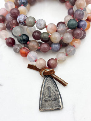 african phantom agate gemstone mala with Buddhist amulet pendant | radiant malas | handmade in boulder, colorado