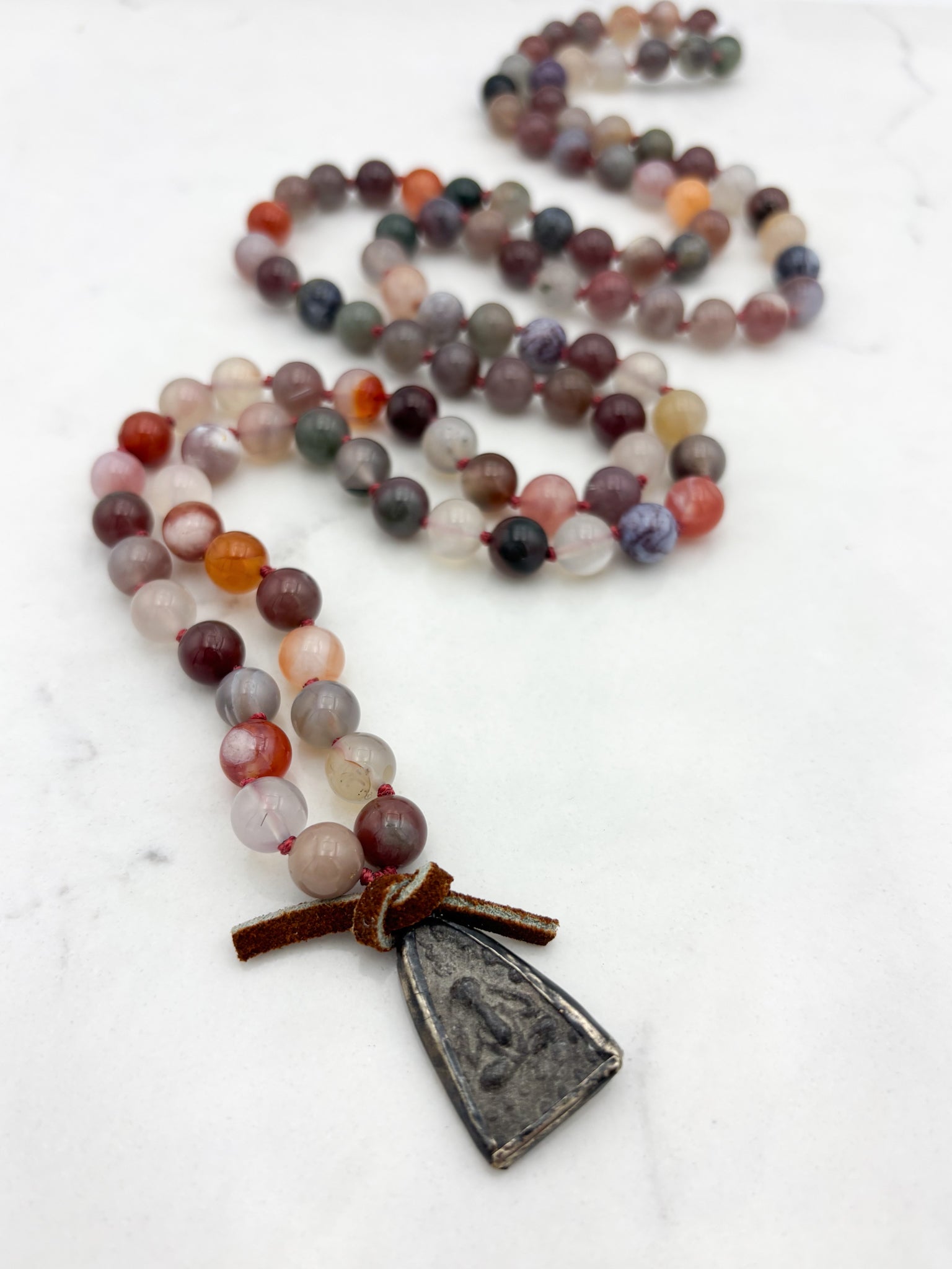 african phantom agate gemstone mala with Buddhist amulet pendant | radiant malas | handmade in boulder, colorado