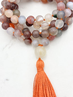 african phantom agate gemstone mala with moonstone guru bead and orange tassel | radiant malas | handmade in boulder, colorado
