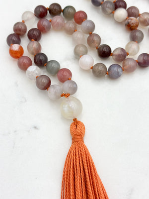 african phantom agate gemstone mala with moonstone guru bead and orange tassel | radiant malas | handmade in boulder, colorado