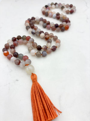 african phantom agate gemstone mala with moonstone guru bead and orange tassel | radiant malas | handmade in boulder, colorado