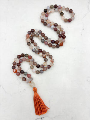 african phantom agate gemstone mala with moonstone guru bead and orange tassel | radiant malas | handmade in boulder, colorado