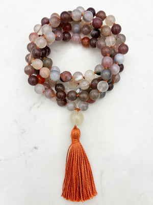 african phantom agate gemstone mala with moonstone guru bead and orange tassel | radiant malas | handmade in boulder, colorado