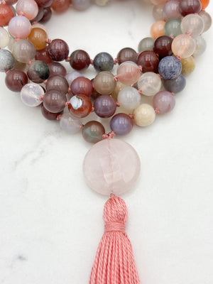african phantom agate gemstone mala with rose quartz guru bead and pink tassel | radiant malas | handmade in boulder, colorado