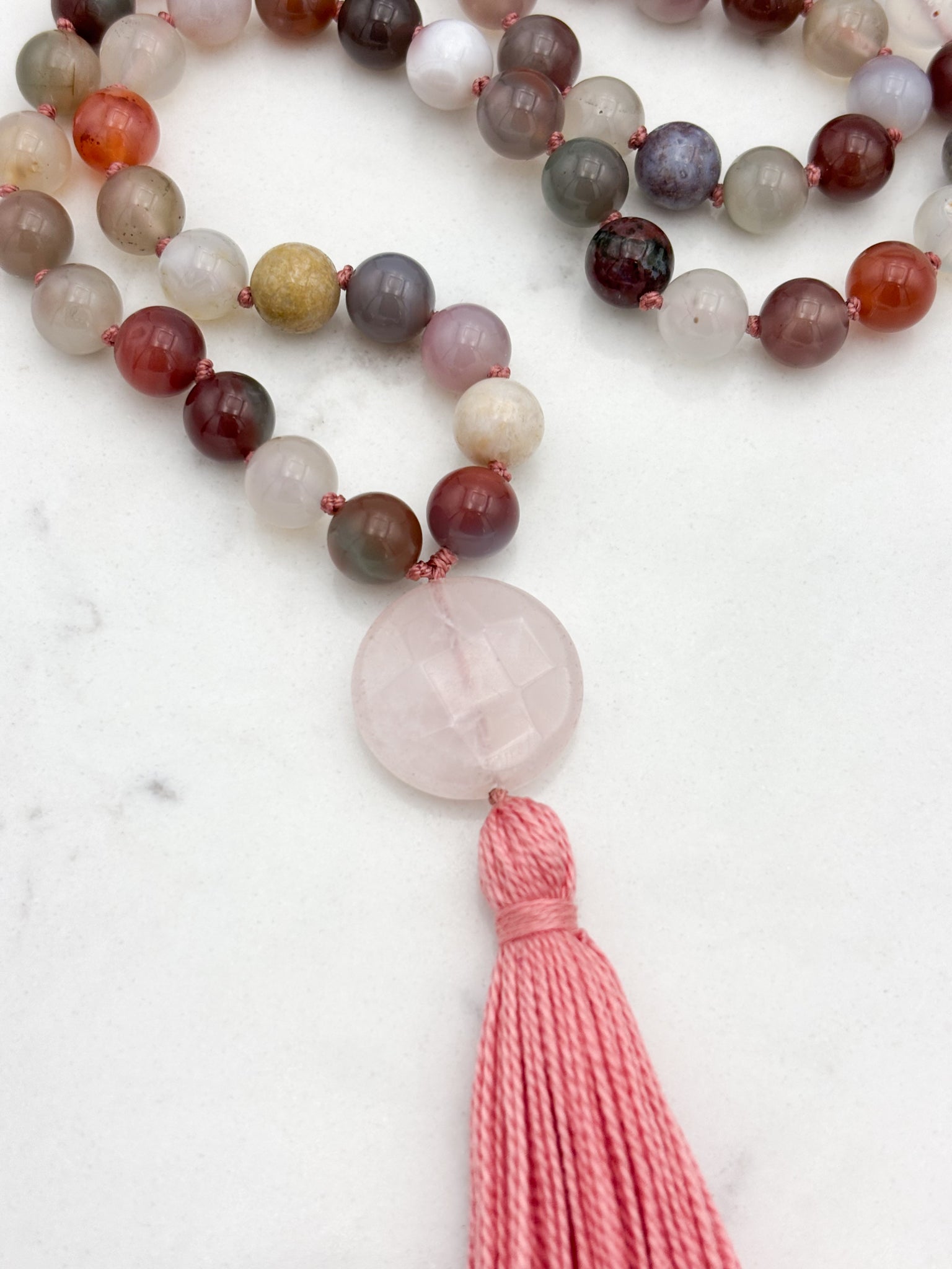 african phantom agate gemstone mala with rose quartz guru bead and pink tassel | radiant malas | handmade in boulder, colorado