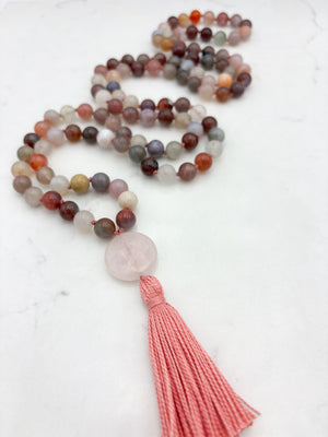 african phantom agate gemstone mala with rose quartz guru bead and pink tassel | radiant malas | handmade in boulder, colorado