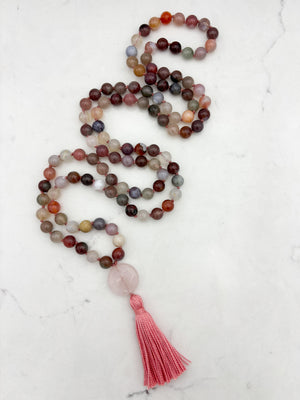 african phantom agate gemstone mala with rose quartz guru bead and pink tassel | radiant malas | handmade in boulder, colorado