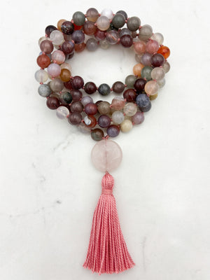african phantom agate gemstone mala with rose quartz guru bead and pink tassel | radiant malas | handmade in boulder, colorado