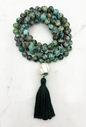 African turquoise gemstone mala with bone guru bead and dark green tassel | radiant malas | handmade in boulder, colorado