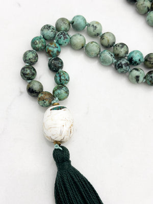 African turquoise gemstone mala with bone guru bead and dark green tassel | radiant malas | handmade in boulder, colorado