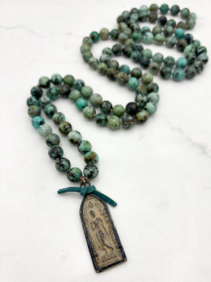 african turquoise gemstone mala with buddha pendant | radiant malas | handmade in boulder, colorado