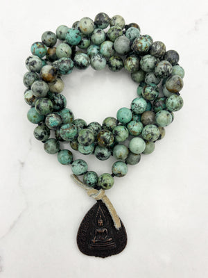 african turquoise gemstone mala with buddha pendant | radiant malas | handmade in boulder, colorado