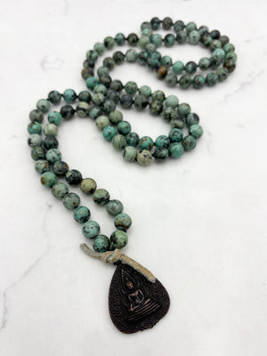 african turquoise gemstone mala with buddha pendant | radiant malas | handmade in boulder, colorado