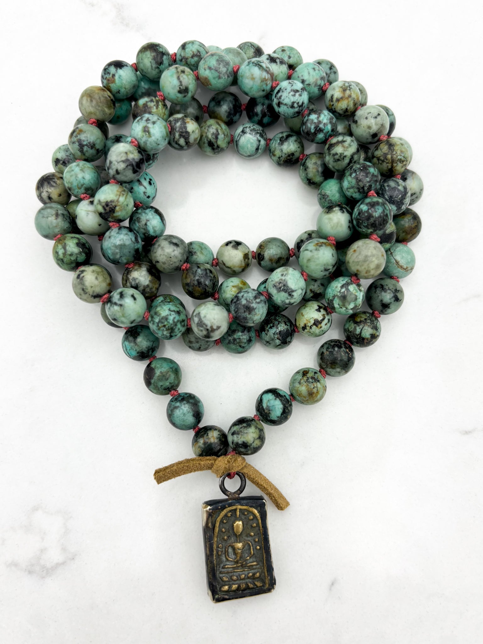 african turquoise gemstone mala with brass pendant | radiant malas | handmade in boulder, colorado		