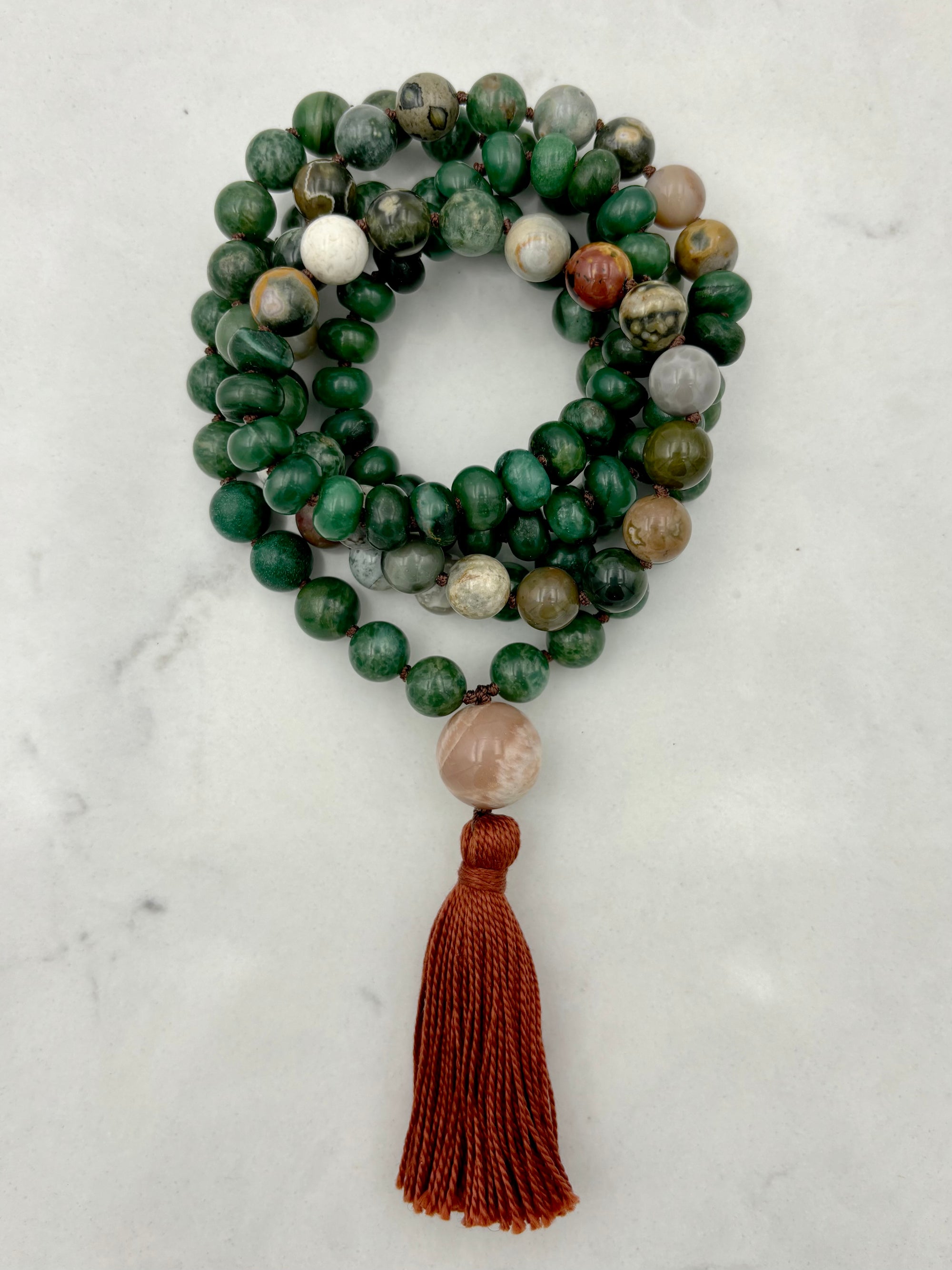 African Jade with Ocean Jasper gemstone mala necklace | radiant malas | handmade in boulder, colorado