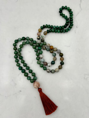 African Jade with Ocean Jasper gemstone mala necklace | radiant malas | handmade in boulder, colorado