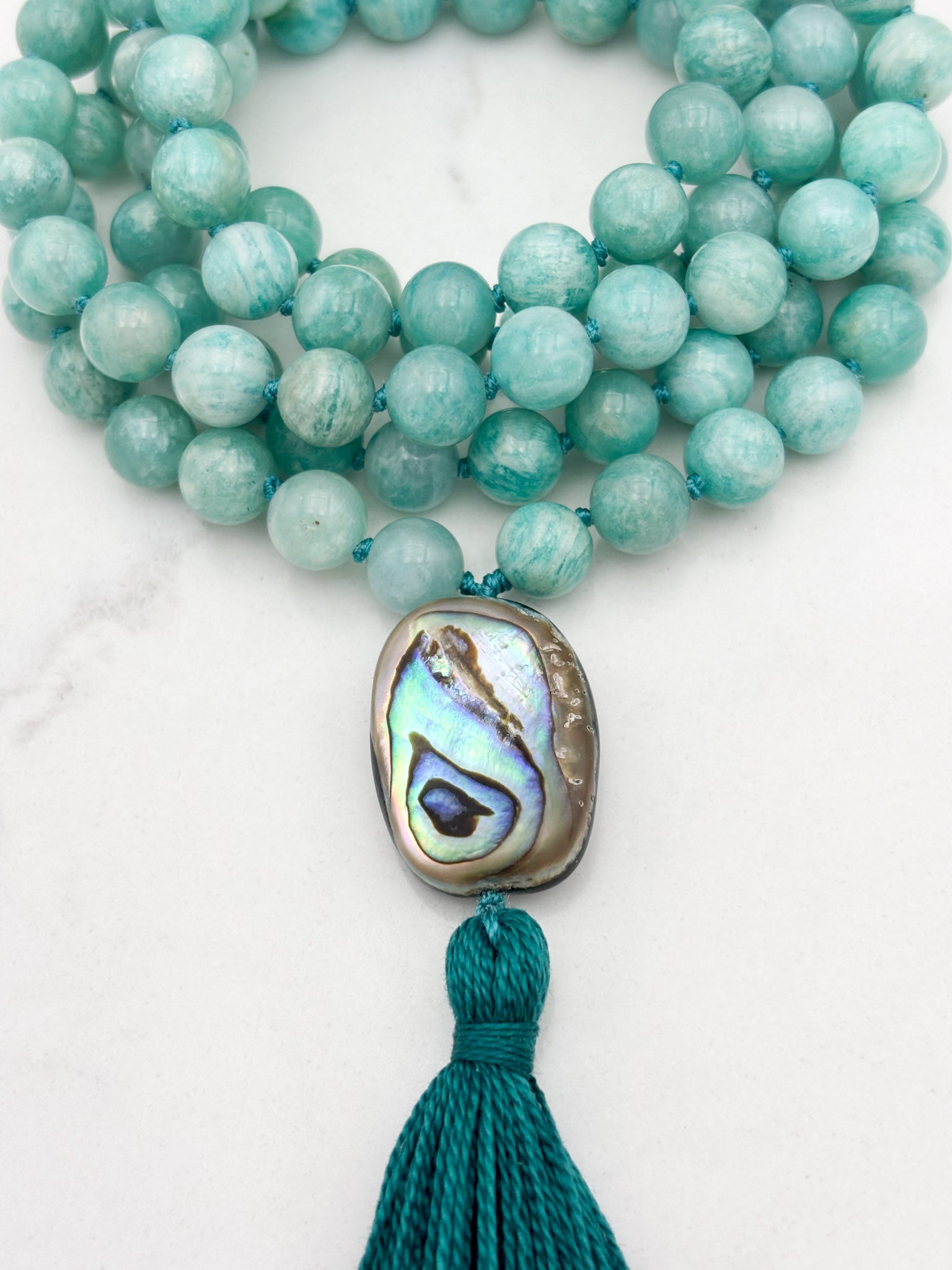 amazonite gemstone mala wtih abalone guru bead and teal tassel | radiant malas | handmade in boulder, colorado