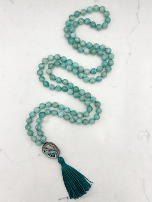 amazonite gemstone mala wtih abalone guru bead and teal tassel | radiant malas | handmade in boulder, colorado