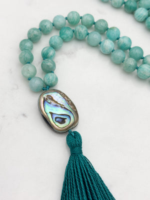 amazonite gemstone mala wtih abalone guru bead and teal tassel | radiant malas | handmade in boulder, colorado