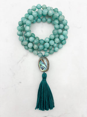 amazonite gemstone mala wtih abalone guru bead and teal tassel | radiant malas | handmade in boulder, colorado