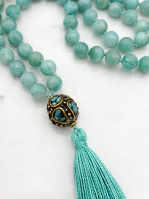 amazonite gemstone mala wtih brass with turquoise guru bead and aqua tassel | radiant malas | handmade in boulder, colorado