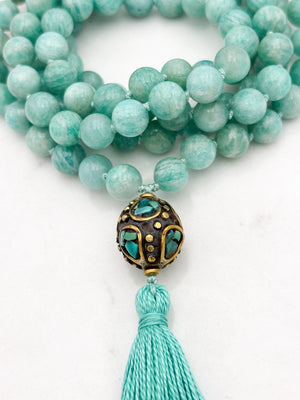 amazonite gemstone mala wtih brass with turquoise guru bead and aqua tassel | radiant malas | handmade in boulder, colorado