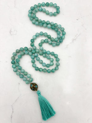 amazonite gemstone mala wtih brass with turquoise guru bead and aqua tassel | radiant malas | handmade in boulder, colorado