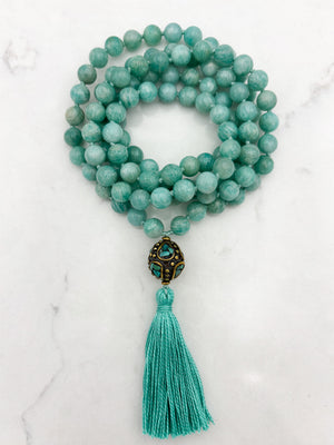 amazonite gemstone mala wtih brass with turquoise guru bead and aqua tassel | radiant malas | handmade in boulder, colorado