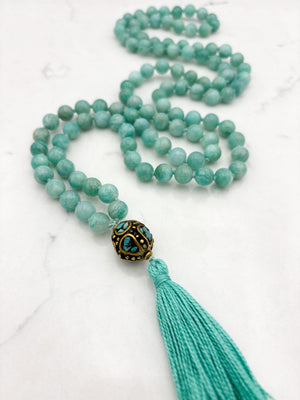 amazonite gemstone mala wtih brass with turquoise guru bead and aqua tassel | radiant malas | handmade in boulder, colorado