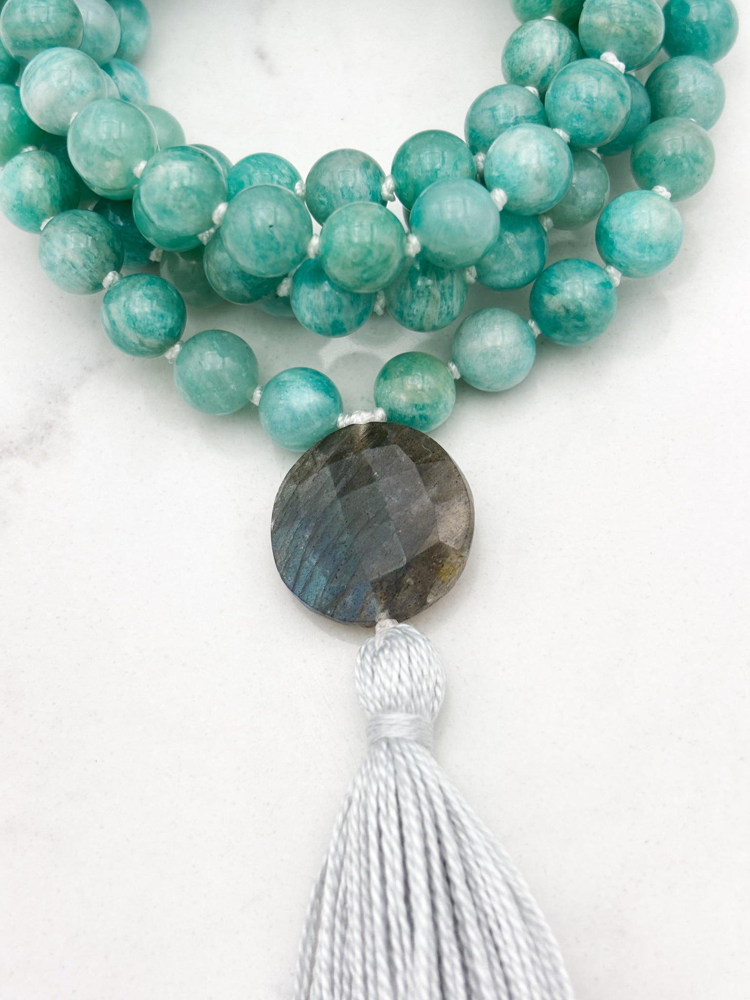 amazonite gemstone mala necklace with labradorite guru bead and silver tassel  | radiant malas | handmade in boulder, colorado