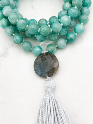 amazonite gemstone mala necklace with labradorite guru bead and silver tassel  | radiant malas | handmade in boulder, colorado