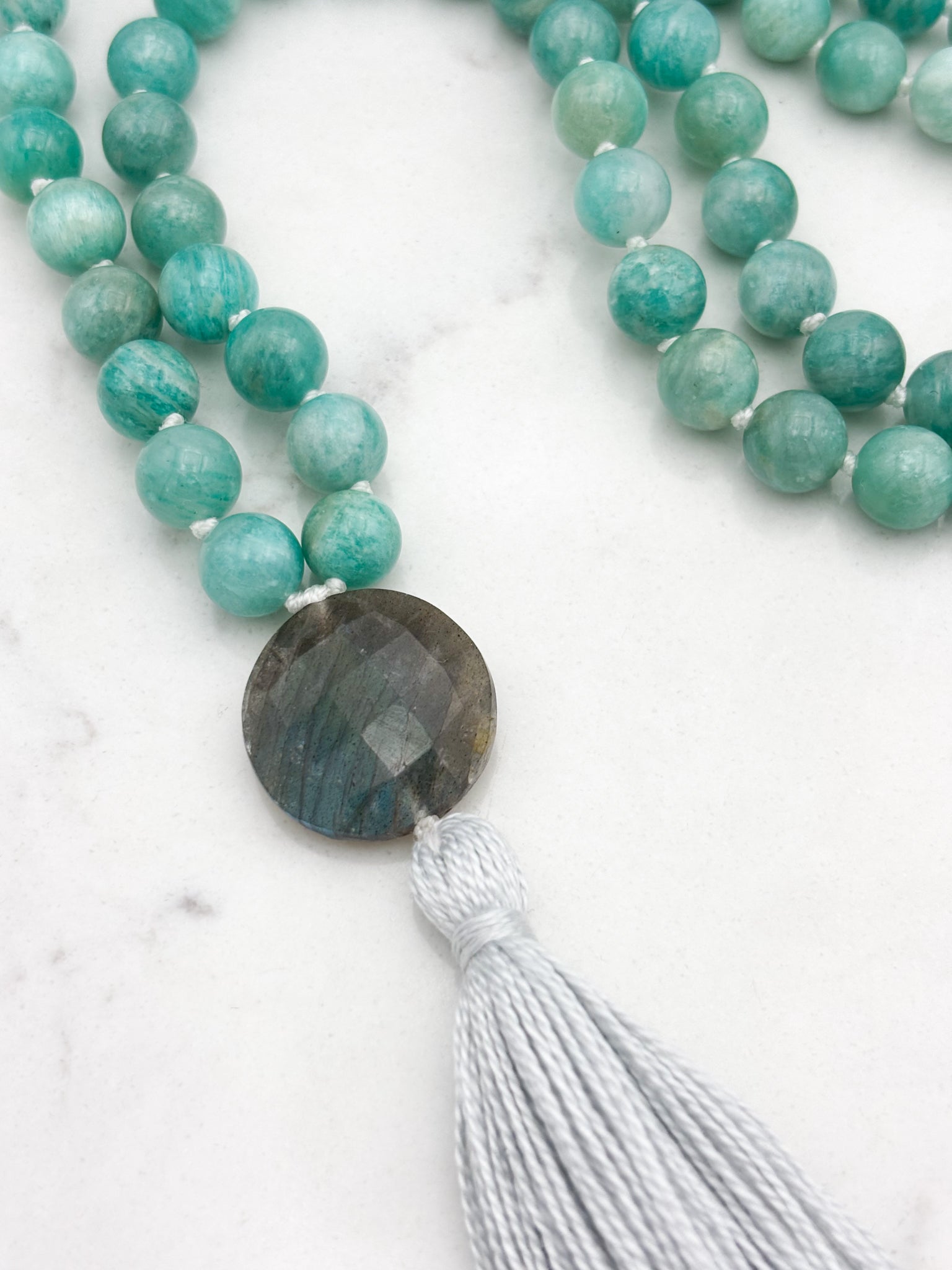 amazonite gemstone mala necklace with labradorite guru bead and silver tassel  | radiant malas | handmade in boulder, colorado
