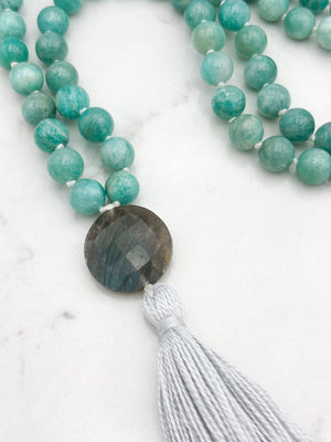 amazonite gemstone mala necklace with labradorite guru bead and silver tassel  | radiant malas | handmade in boulder, colorado