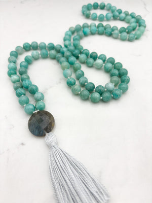 amazonite gemstone mala necklace with labradorite guru bead and silver tassel  | radiant malas | handmade in boulder, colorado