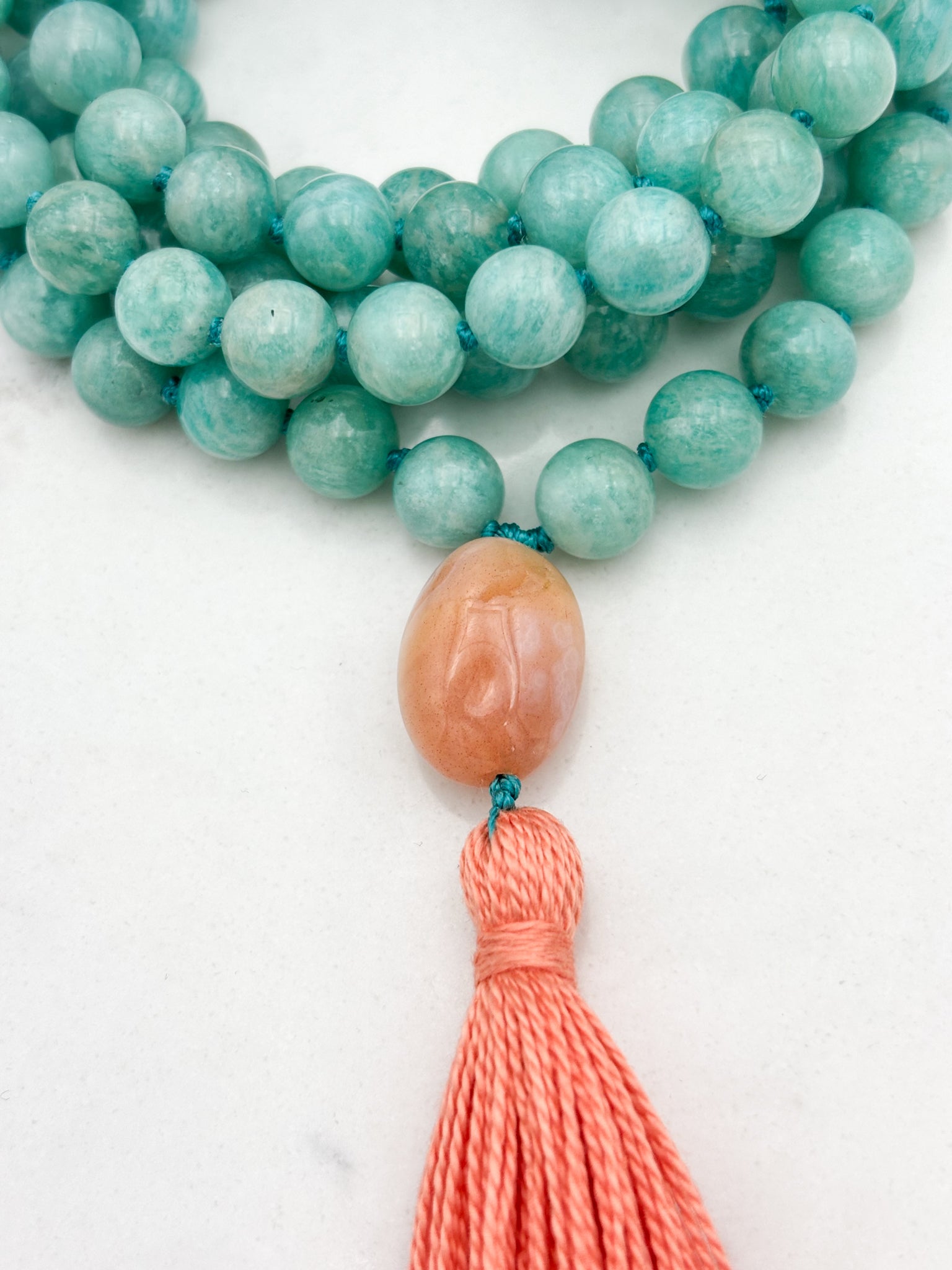 amazonite gemstone mala wtih botswana agate guru bead and peach tassel | radiant malas | handmade in boulder, colorado