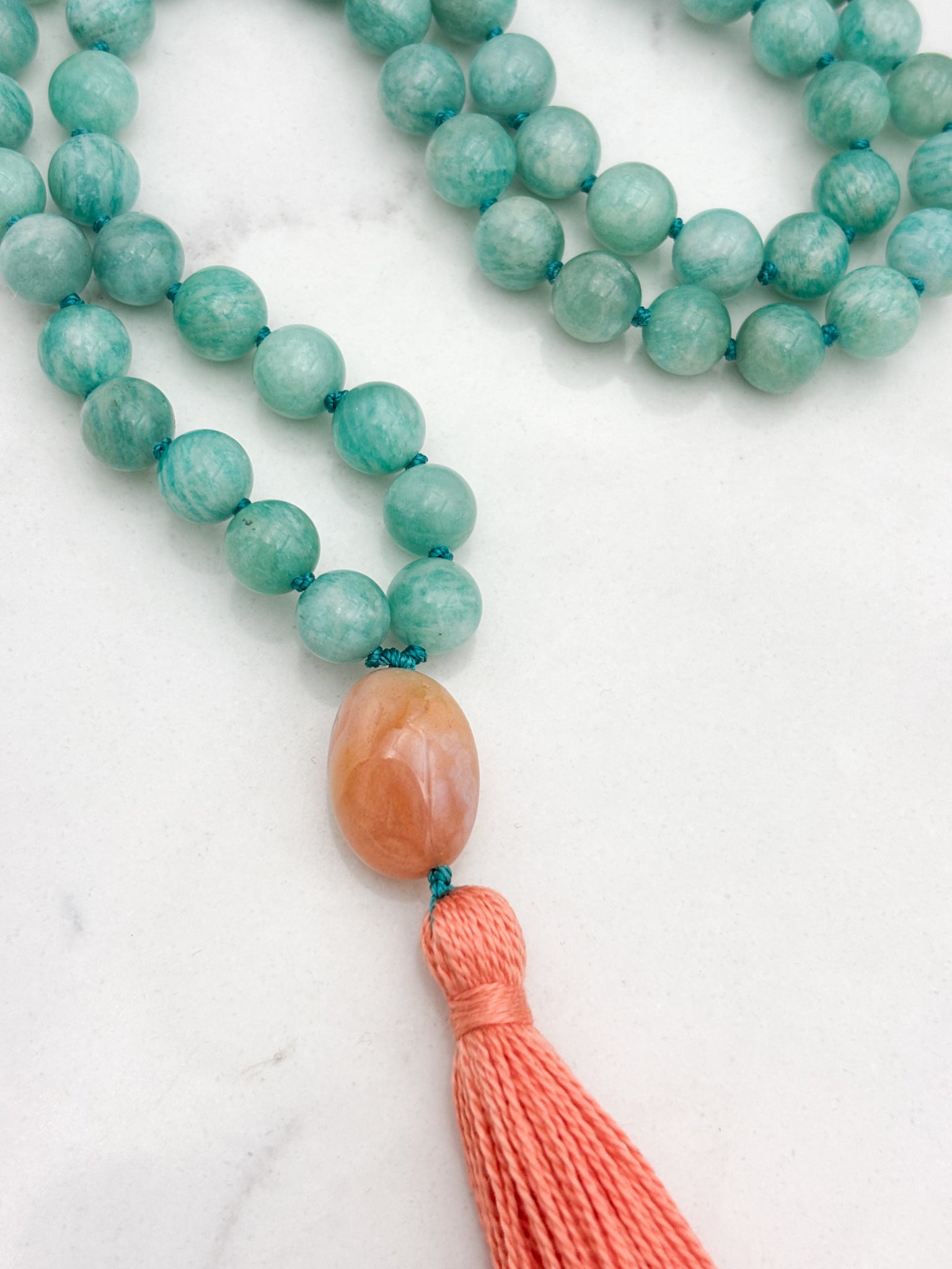 amazonite gemstone mala wtih botswana agate guru bead and peach tassel | radiant malas | handmade in boulder, colorado