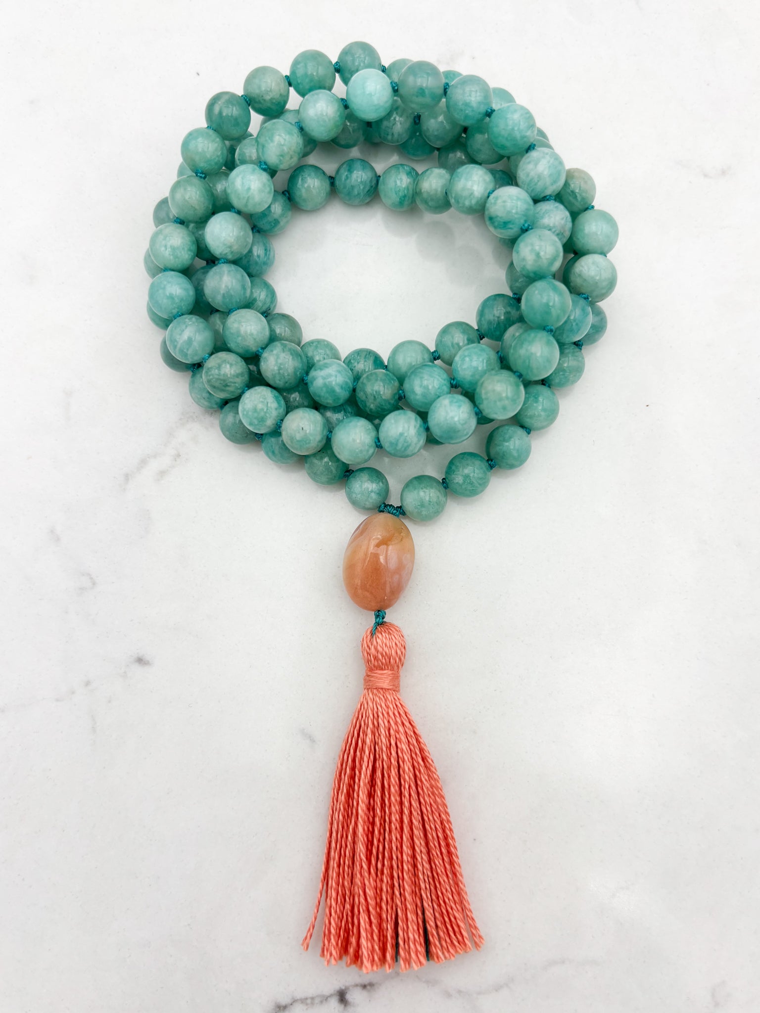amazonite gemstone mala wtih botswana agate guru bead and peach tassel | radiant malas | handmade in boulder, colorado