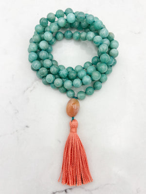 amazonite gemstone mala wtih botswana agate guru bead and peach tassel | radiant malas | handmade in boulder, colorado