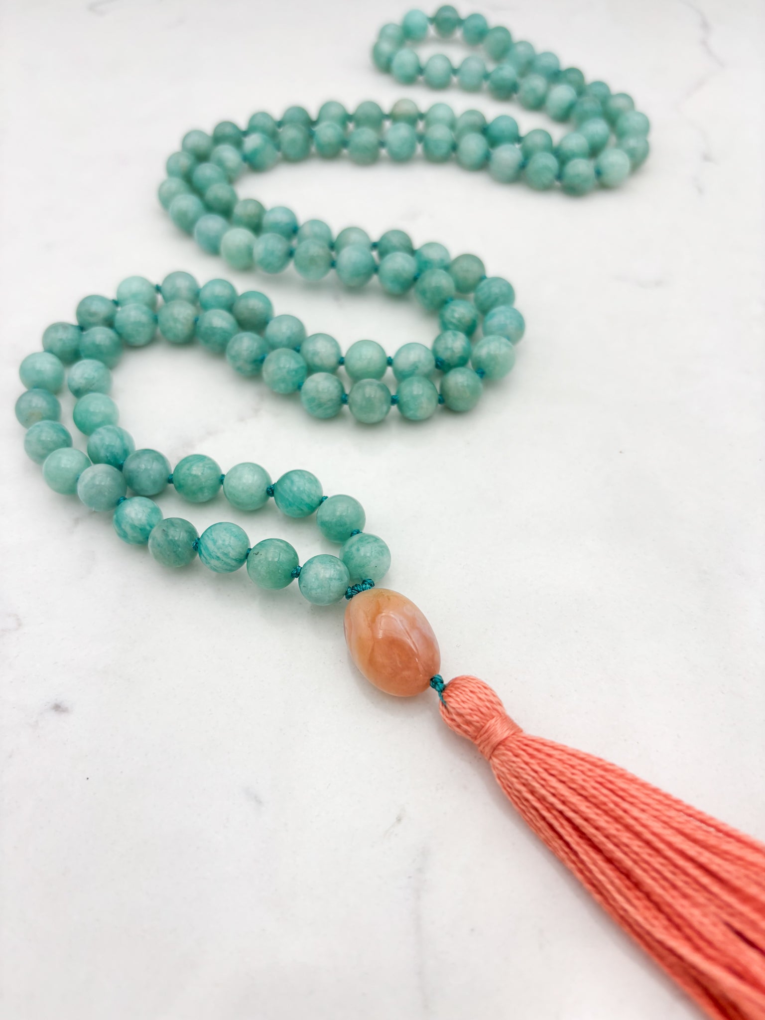 amazonite gemstone mala wtih botswana agate guru bead and peach tassel | radiant malas | handmade in boulder, colorado