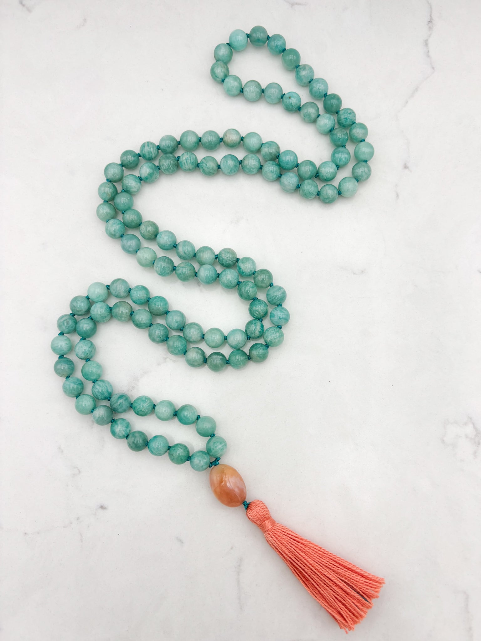 amazonite gemstone mala wtih botswana agate guru bead and peach tassel | radiant malas | handmade in boulder, colorado