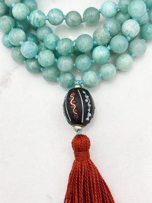 amazonite gemstone mala wtih brass with tibetan guru bead and rust colored tassel | radiant malas | handmade in boulder, colorado